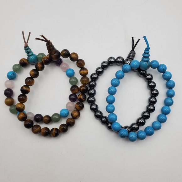 Gemstone Beaded Stretch Bracelet Tigers Eye Quartz Amethyst Turquoise Hematite - Picture 2 of 7